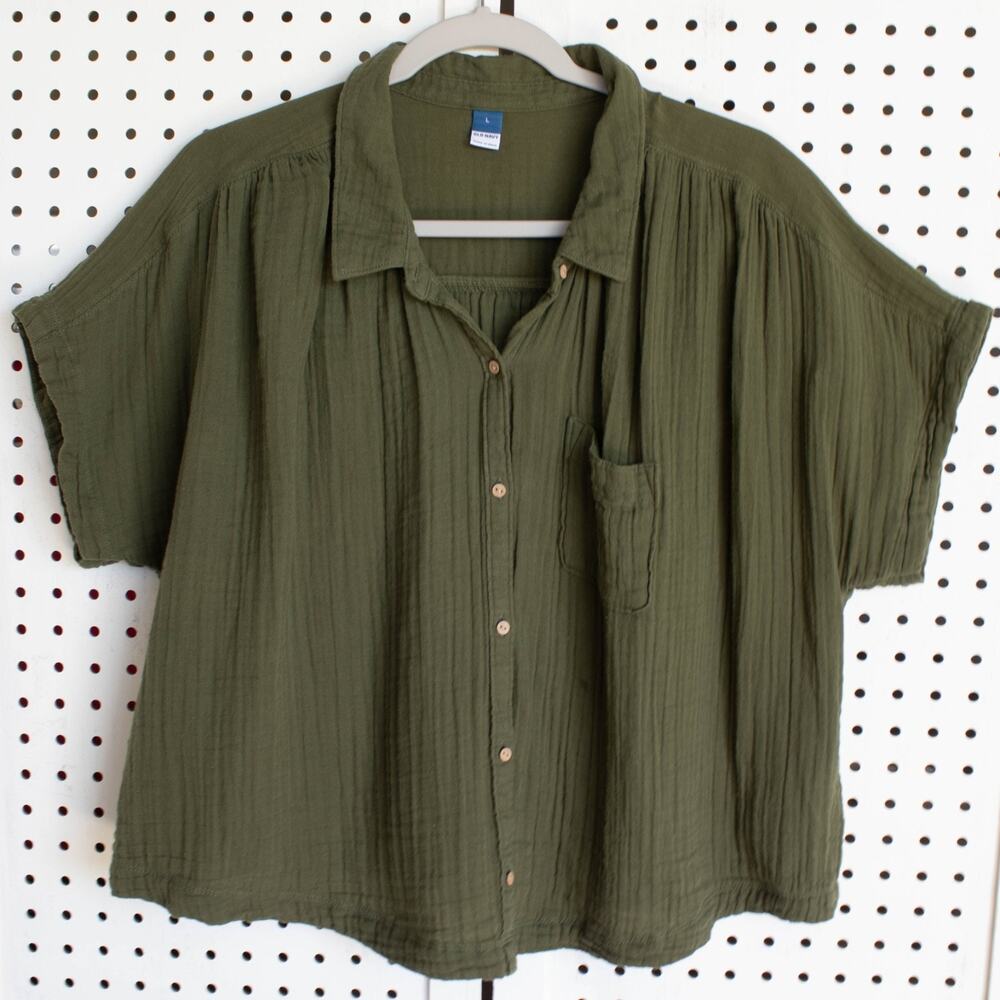 Old Navy Womens SIZE L Alpine Tundra Green Cropped Boxy Gauze Button Front Shirt